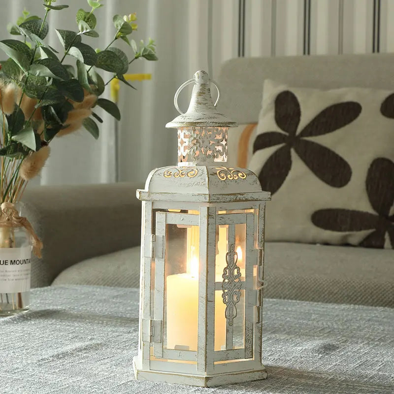Lanterne Bougeoir Décorative en Métal et Verre – Blanc et Or