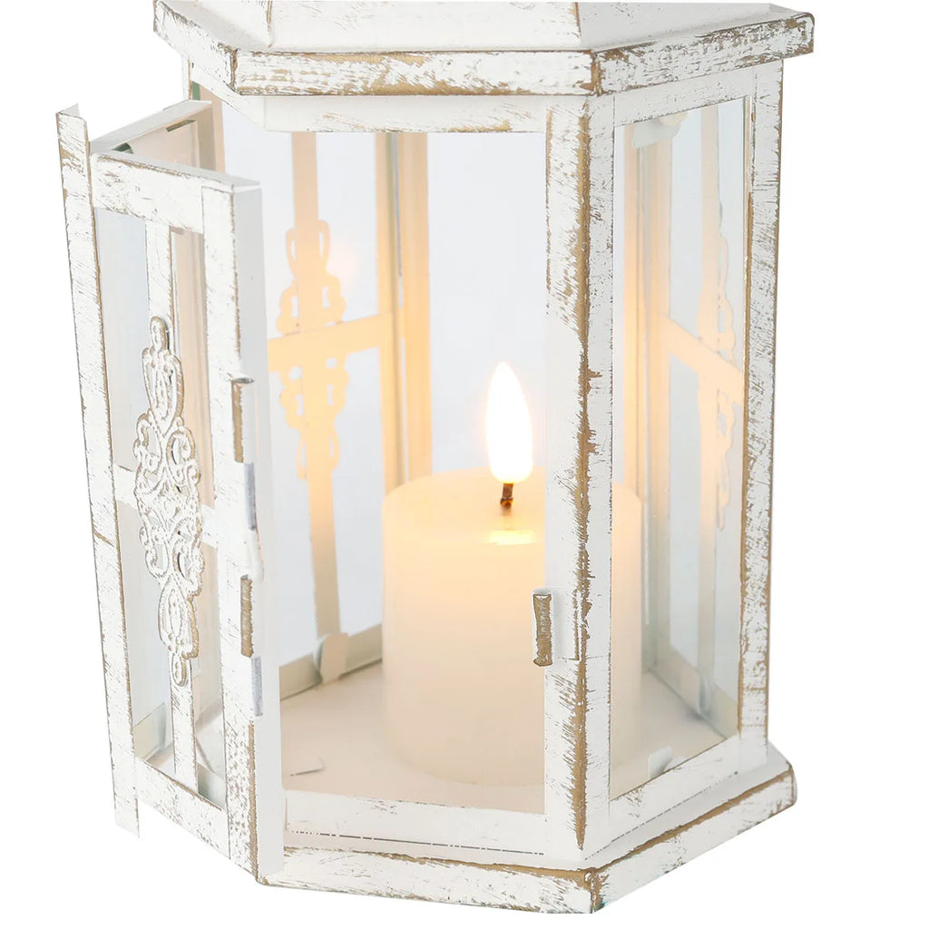 Lanterne Bougeoir Décorative en Métal et Verre – Blanc et Or