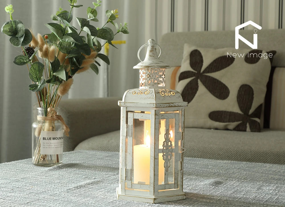 Lanterne Bougeoir Décorative en Métal et Verre – Blanc et Or