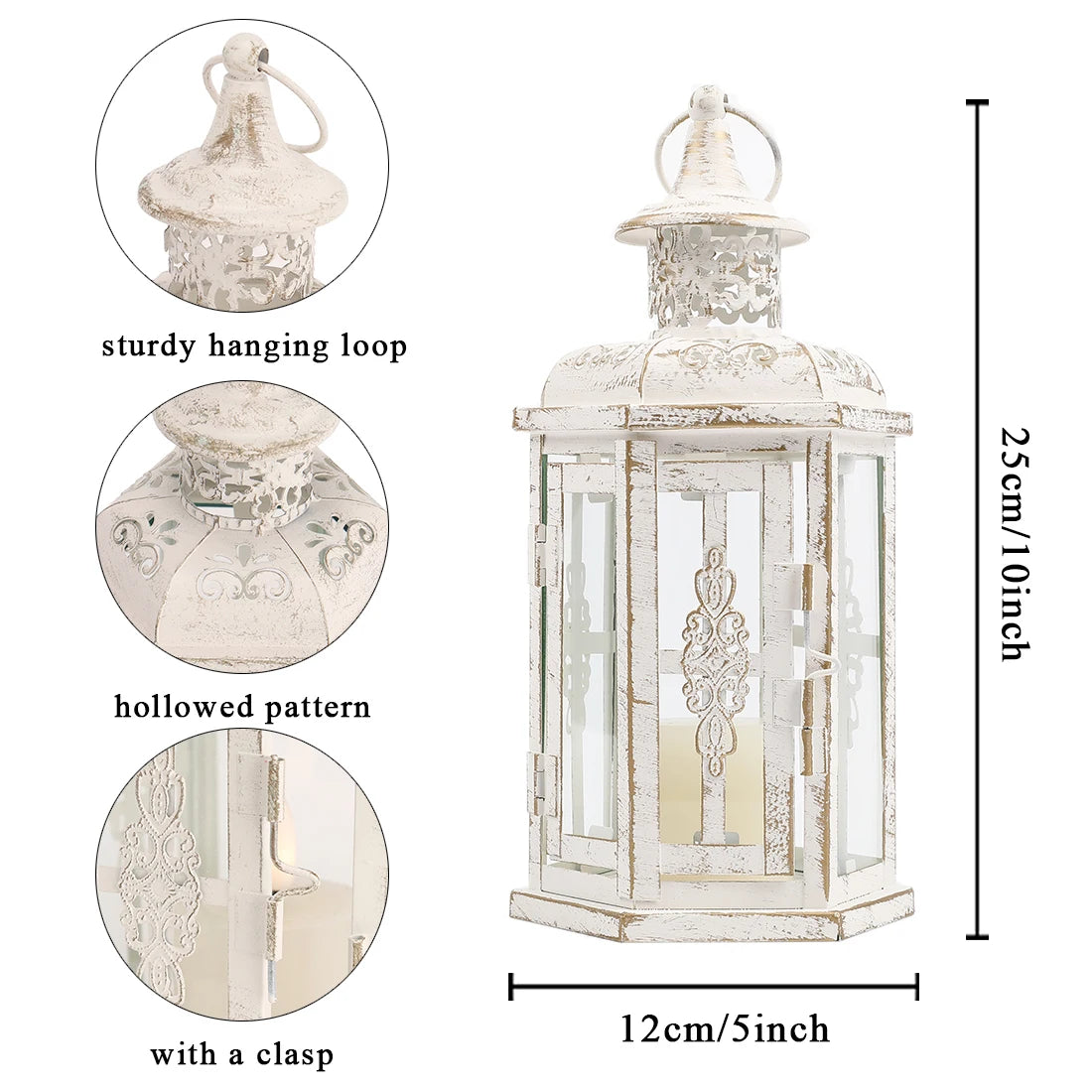 Lanterne Bougeoir Décorative en Métal et Verre – Blanc et Or
