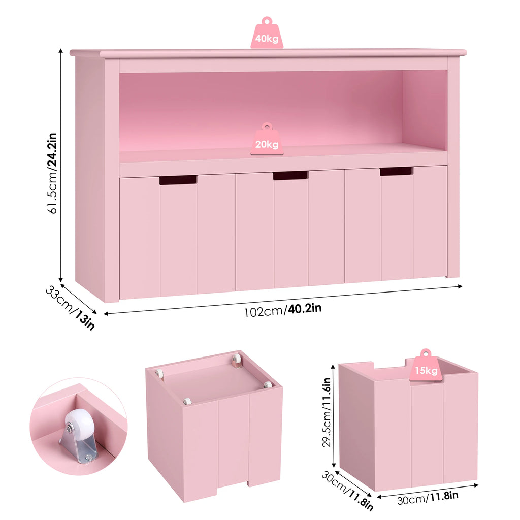 Meuble de rangement pour jouets avec roulettes – 3 tiroirs, 102x33x62 cm