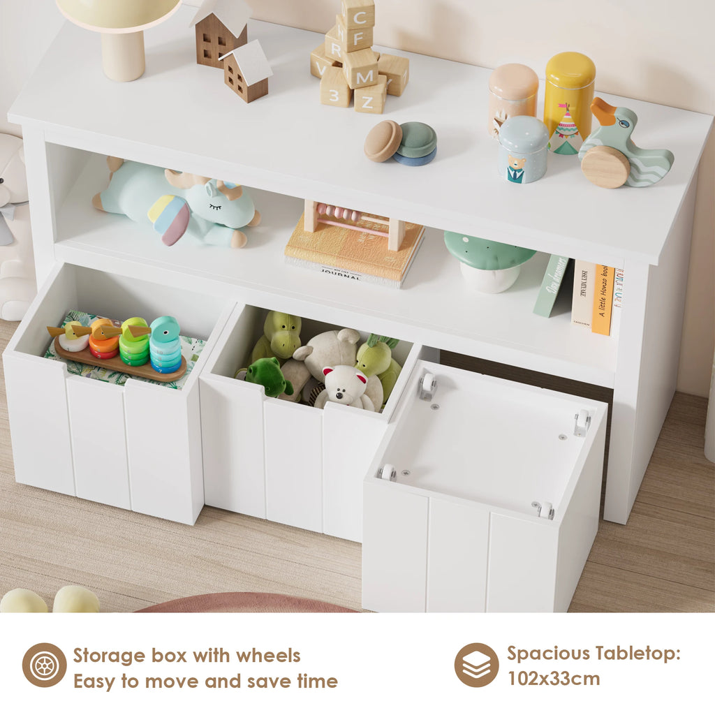 Meuble de rangement pour jouets avec roulettes – 3 tiroirs, 102x33x62 cm