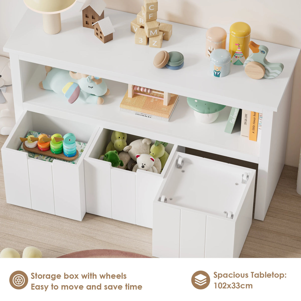 Meuble de rangement pour jouets avec roulettes – 3 tiroirs, 102x33x62 cm