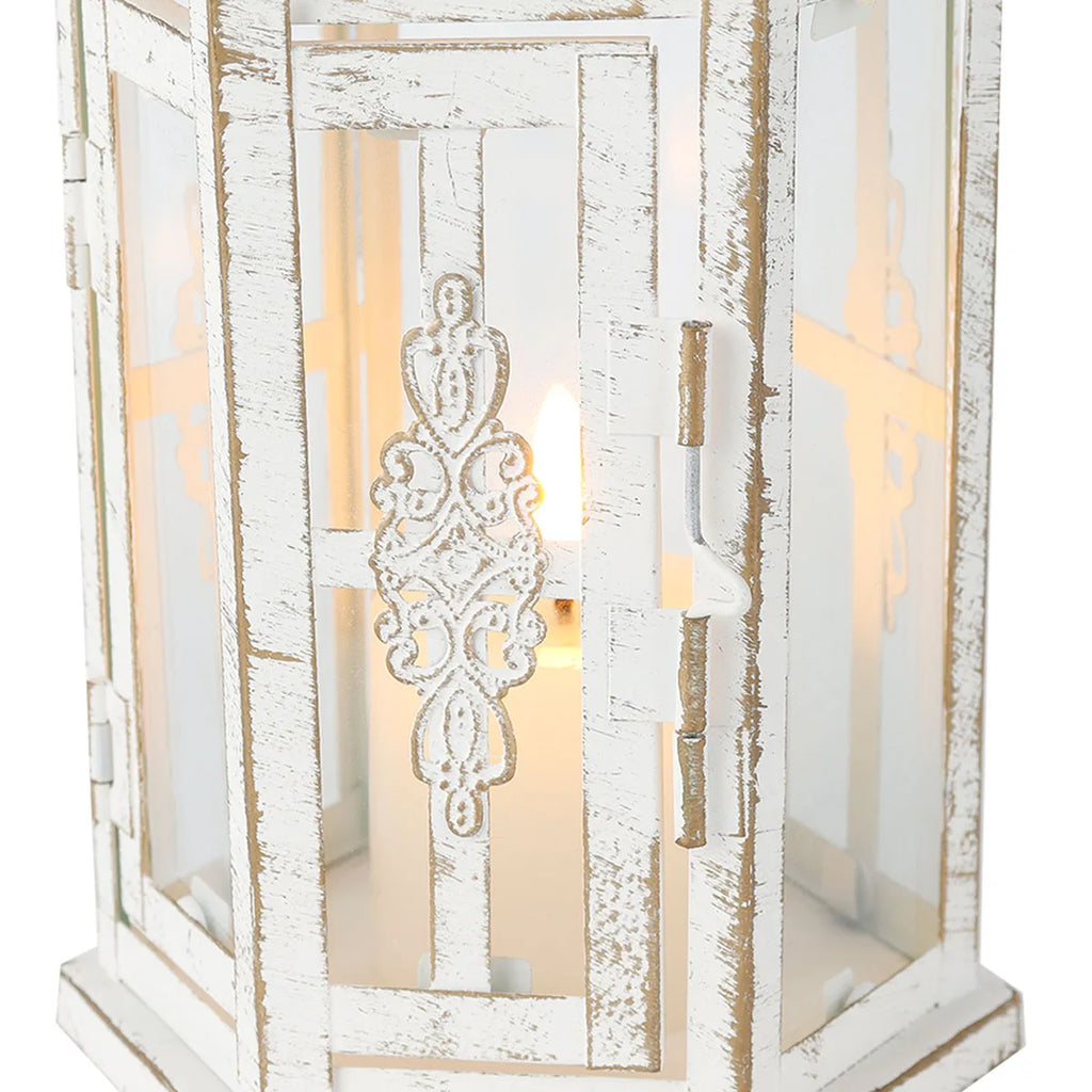 Lanterne Bougeoir Décorative en Métal et Verre – Blanc et Or