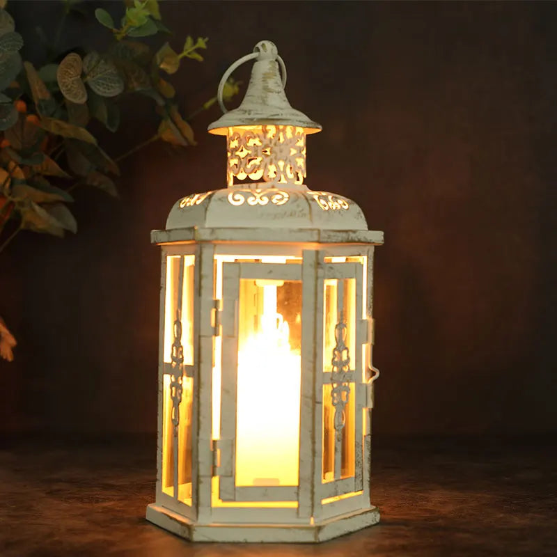 Lanterne Bougeoir Décorative en Métal et Verre – Blanc et Or