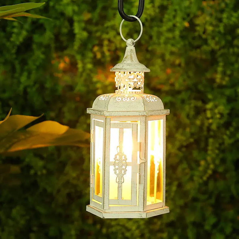 Lanterne Bougeoir Décorative en Métal et Verre – Blanc et Or