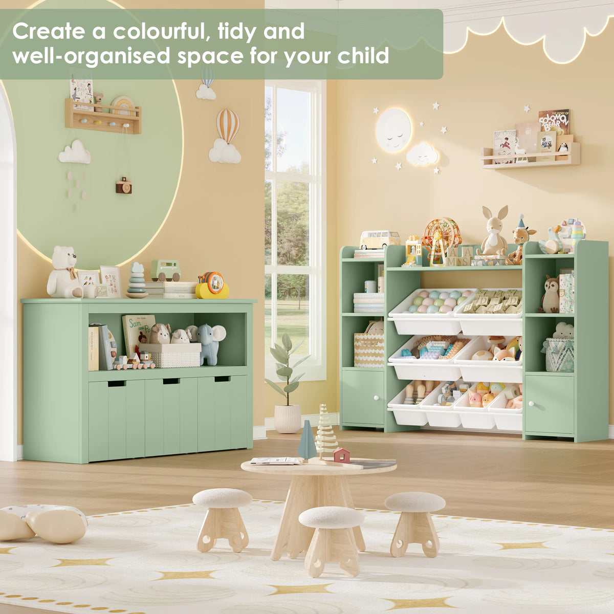 Meuble de rangement pour jouets avec roulettes – 3 tiroirs, 102x33x62 cm