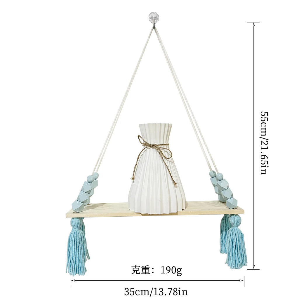 Étagère murale suspendue en bois et macramé